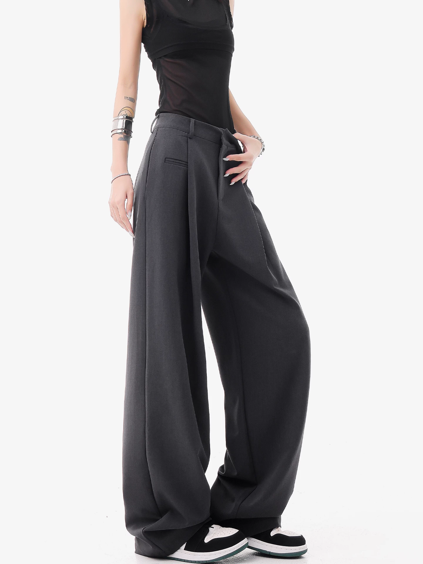 KEN STUDIO quần âu thường ngày màu xám mới mùa hè dành cho nữ, thiết kế thon gọn và che phủ cơ thể, quần ống rộng, quần công sở