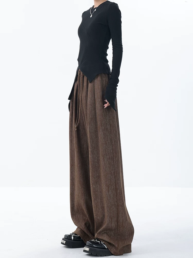 KEN STUDIO quần ống rộng sọc mới đầu thu dành cho nữ với thiết kế eo xếp ly và quần dài chạm sàn