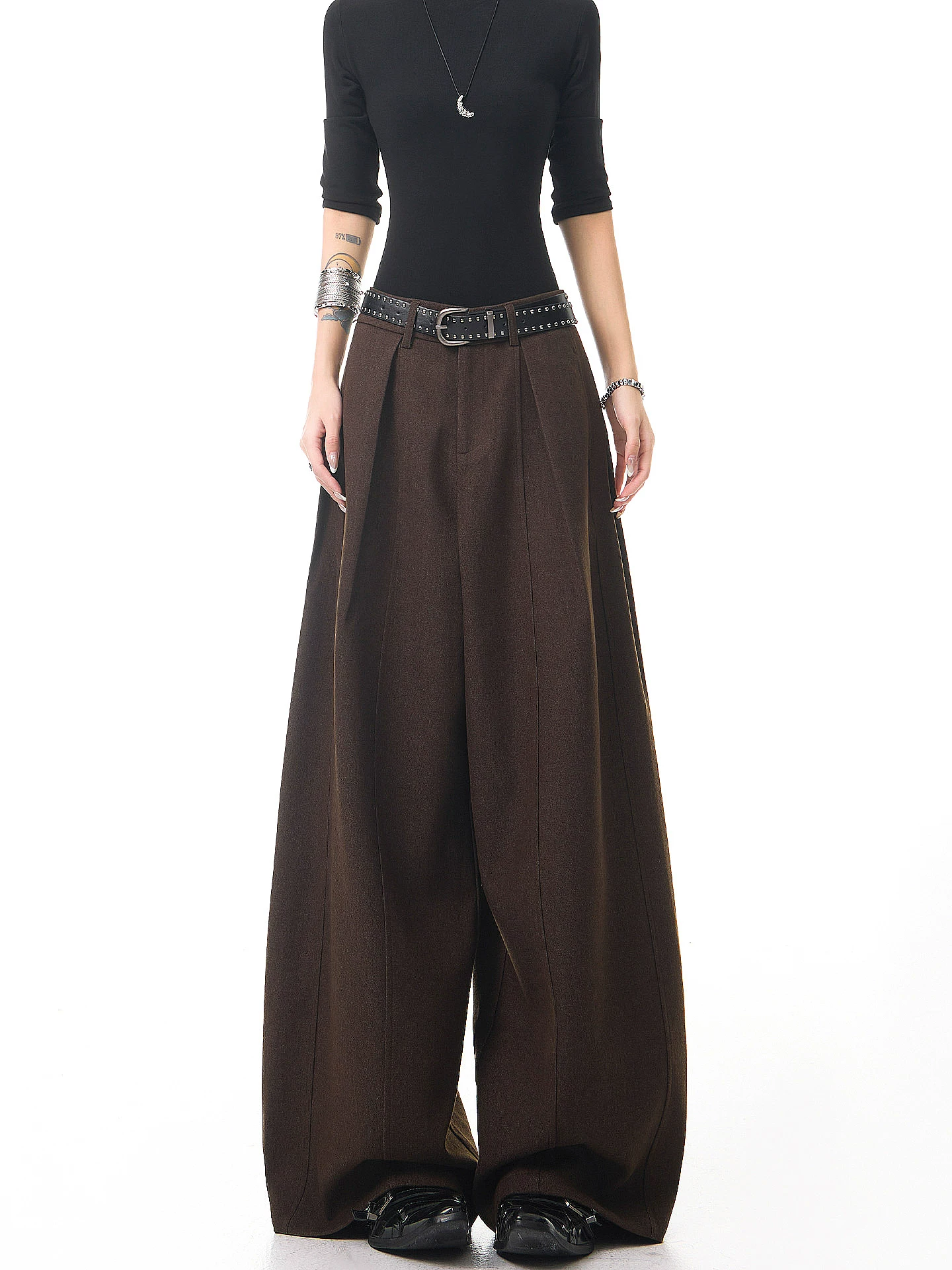 KEN STUDIO quần âu dày màu cà phê cổ điển mới mùa thu đông dành cho nữ, quần cạp cao, tôn dáng, quần ống rộng dài chạm sàn