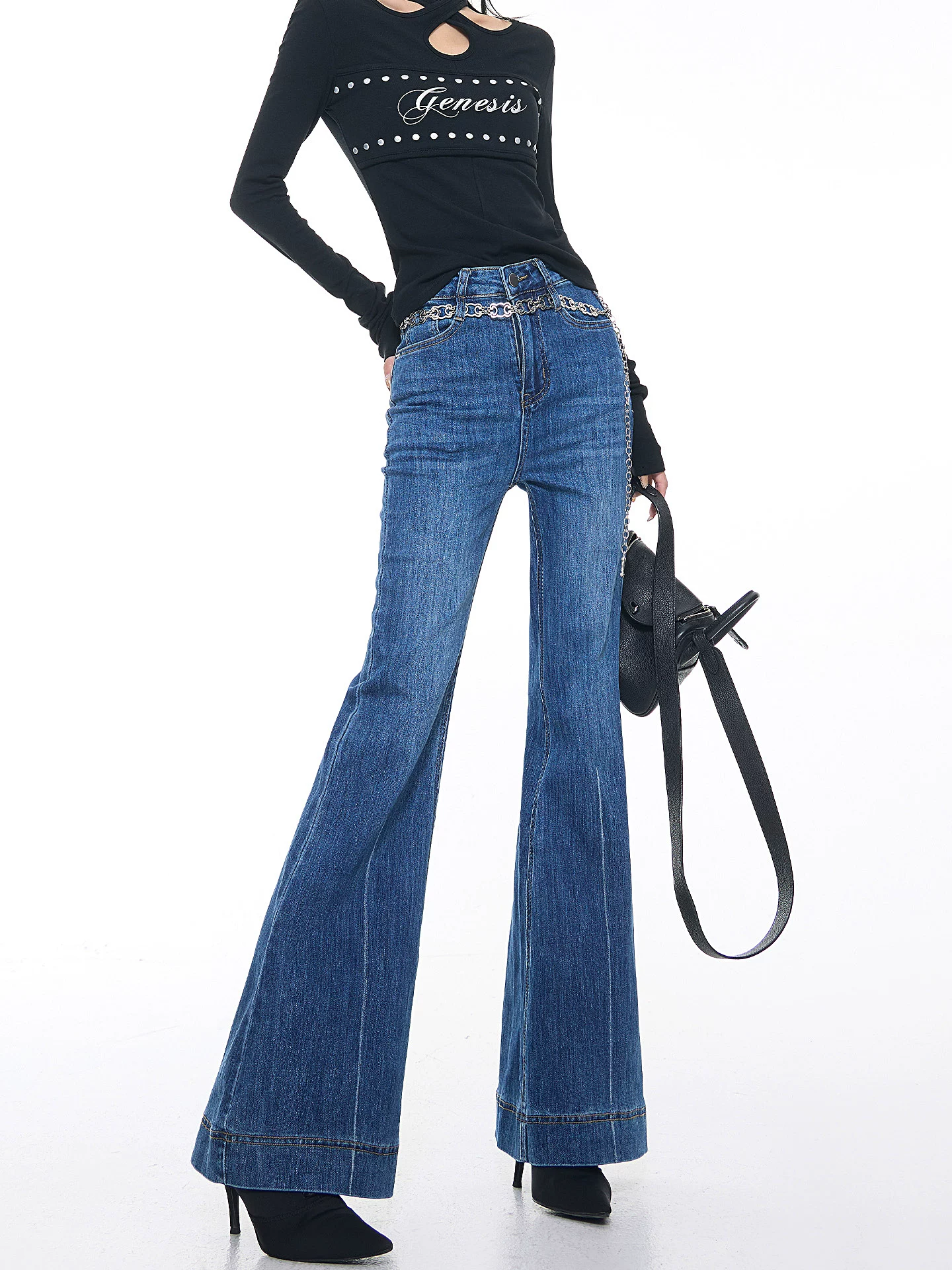 KEN STUDIO Xuân Thu Mới Vintage Xanh Dương Quần Jean Loe Nữ Cao Cấp Slim Fit Co Giãn Quần Đáy Chuông