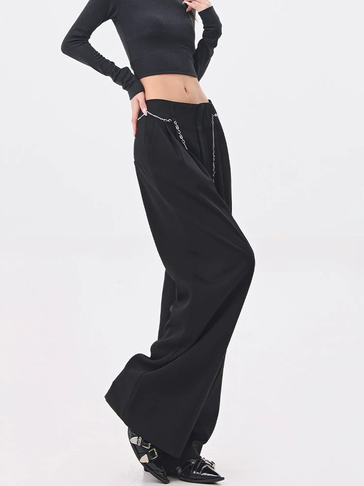 KEN STUDIO quần âu ống rộng màu đen giảm béo mùa hè và mùa thu mới dành cho nữ, quần âu xếp nếp cao cấp, quần thường ngày