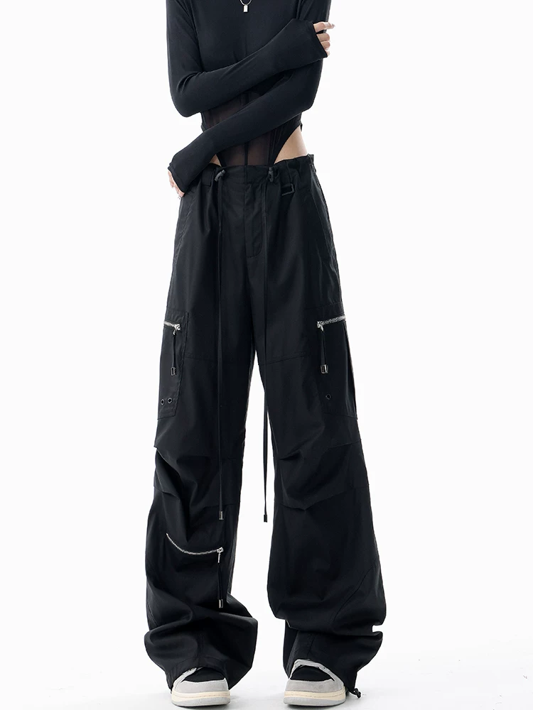 KEN STUDIO Quần ống rộng màu đen mới mùa xuân thu dành cho nữ, thiết kế thon gọn vòng eo, quần jogger rộng rãi.