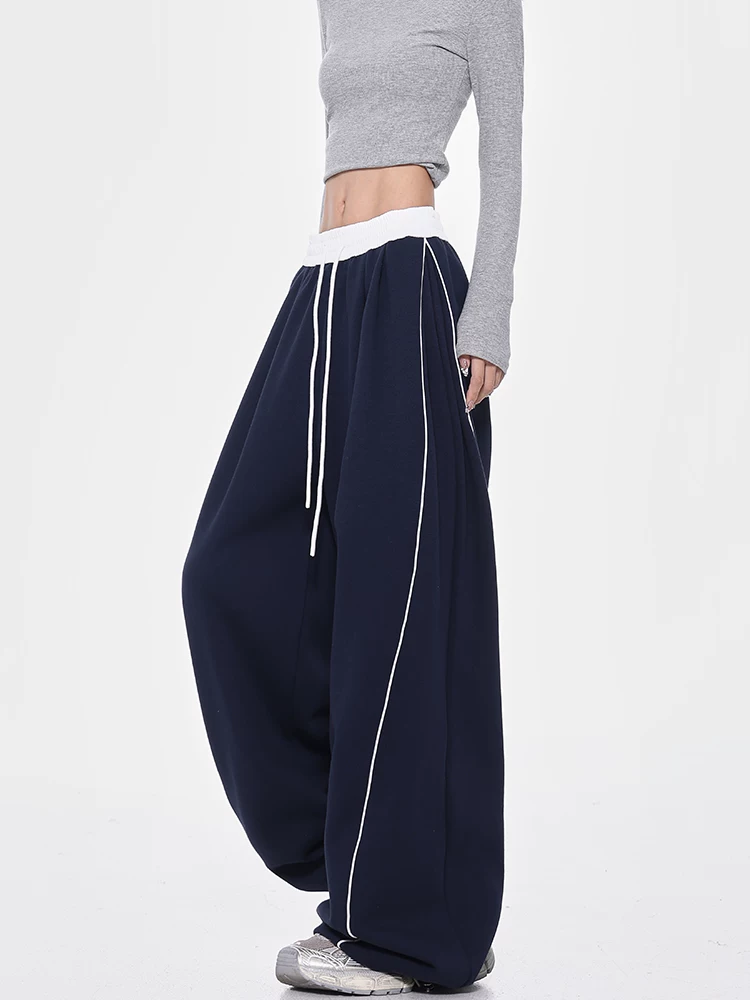 Quần thể thao dây rút màu xanh mùa thu đông của KEN STUDIO dành cho nữ, dáng rộng, tôn dáng, quần ống rộng dài đến sàn đa năng