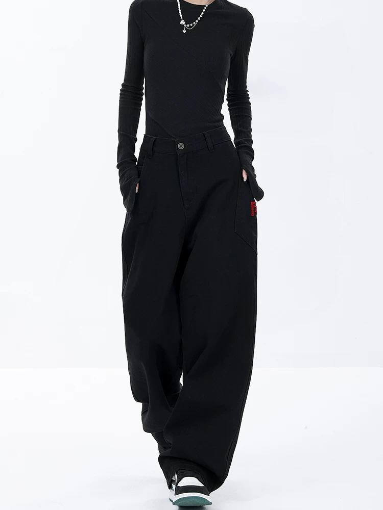 KEN STUDIO Xuân Thu Mới Màu Đen Rộng Quần Jean Ống Rộng Nữ Mỹ Retro Quần Ống Thẳng Quần Dài Quần