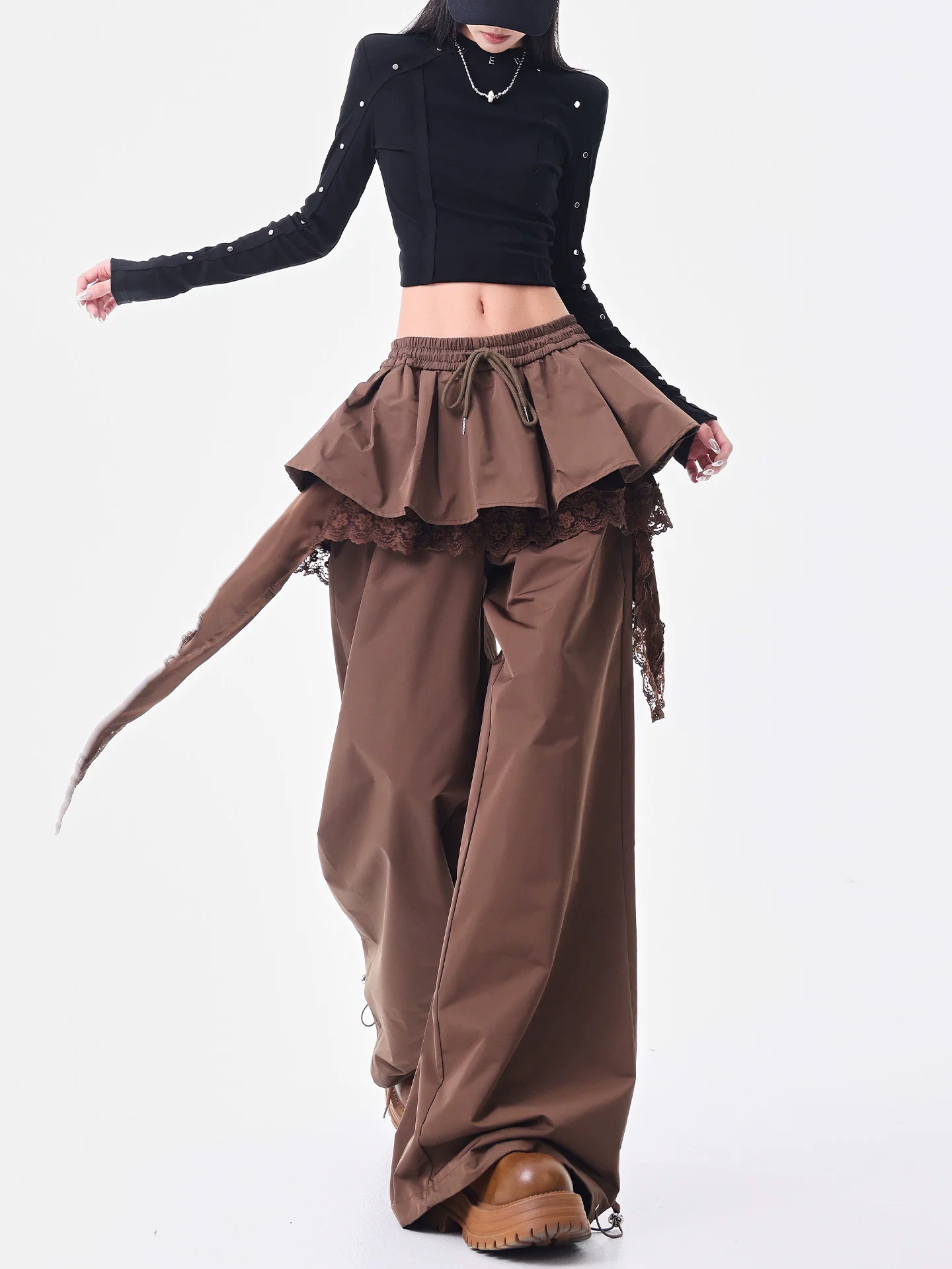 KEN STUDIO quần ống đứng màu cà phê mới đầu thu dành cho nữ, quần ống rộng giả hai mảnh thiết kế viền ren.