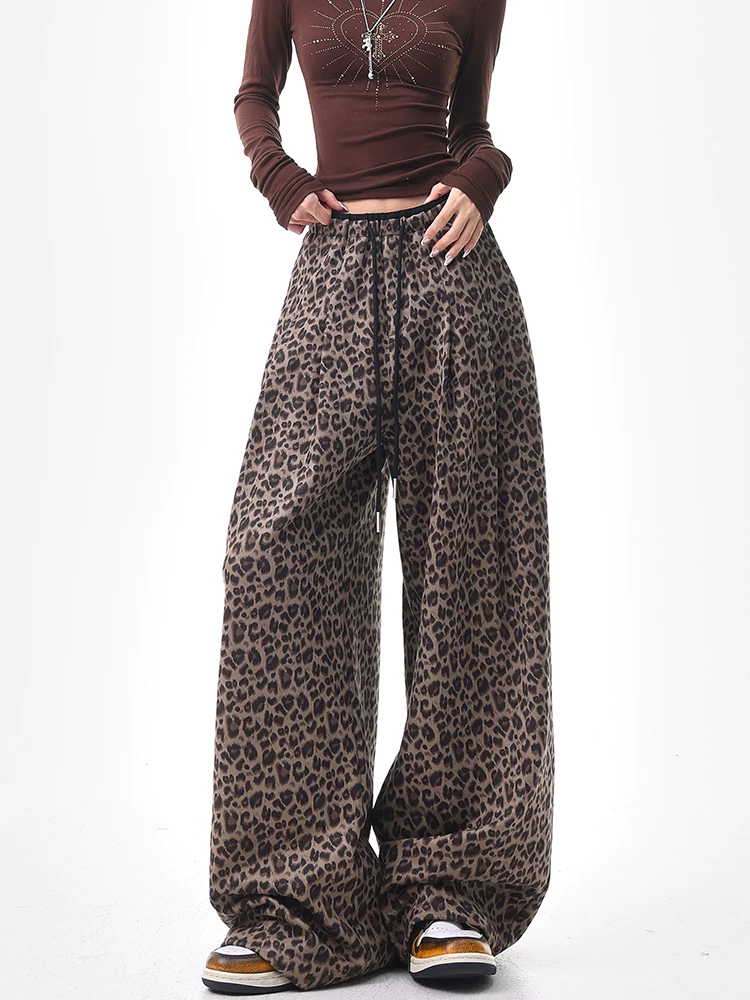 KEN STUDIO mùa thu đông mới phong cách retro da lộn in họa tiết da báo quần âu nữ lưng cao dáng rộng quần ống rộng giảm béo