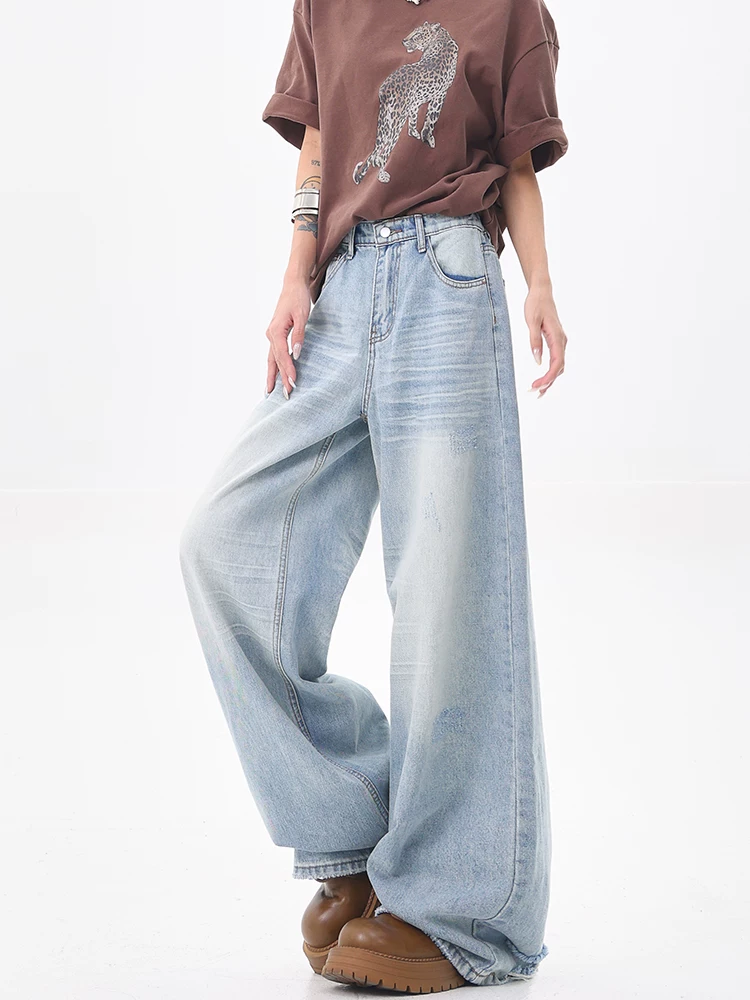 KEN STUDIO Quần jean ống thẳng màu xanh cổ điển của Mỹ dành cho nữ, quần ống rộng cạp cao giảm béo mùa hè mới