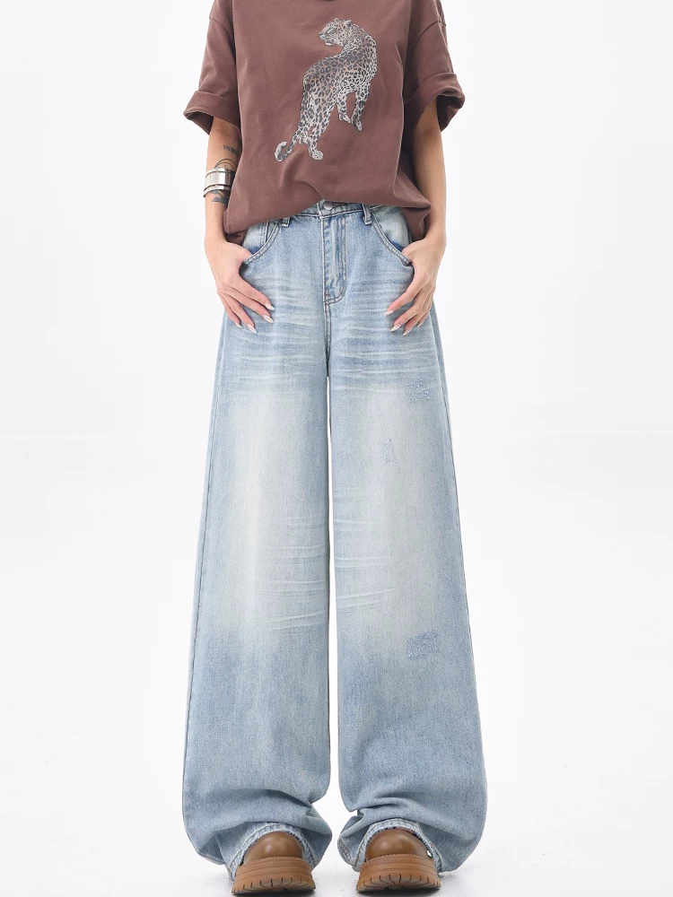 KEN STUDIO Quần jean ống thẳng màu xanh cổ điển của Mỹ dành cho nữ, quần ống rộng cạp cao giảm béo mùa hè mới