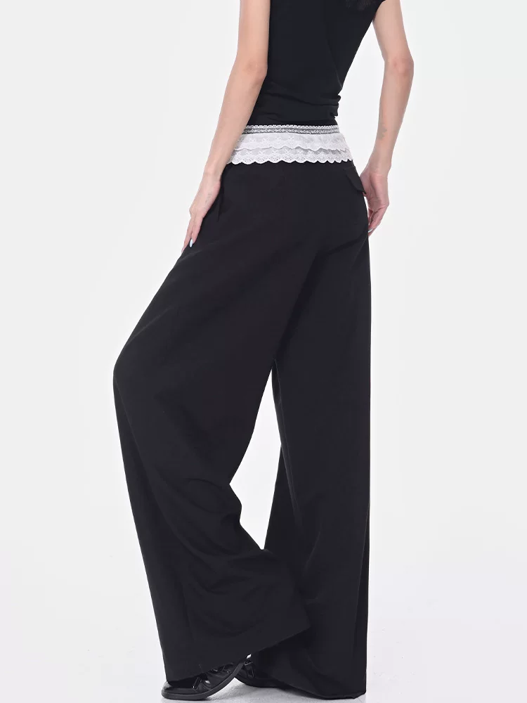 Quần vest chắp vá viền ren đen của KEN STUDIO dành cho nữ, phong cách mùa hè mới, quần ống rộng dài đến sàn, dáng rộng và xếp nếp