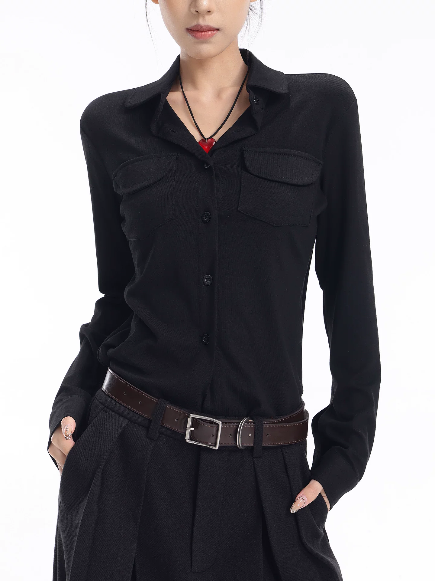 KEN STUDIO Áo sơ mi dài tay đơn giản màu đen mới mùa xuân thu dành cho nữ có cổ bẻ, dáng rộng, dáng suông, áo thun đa năng