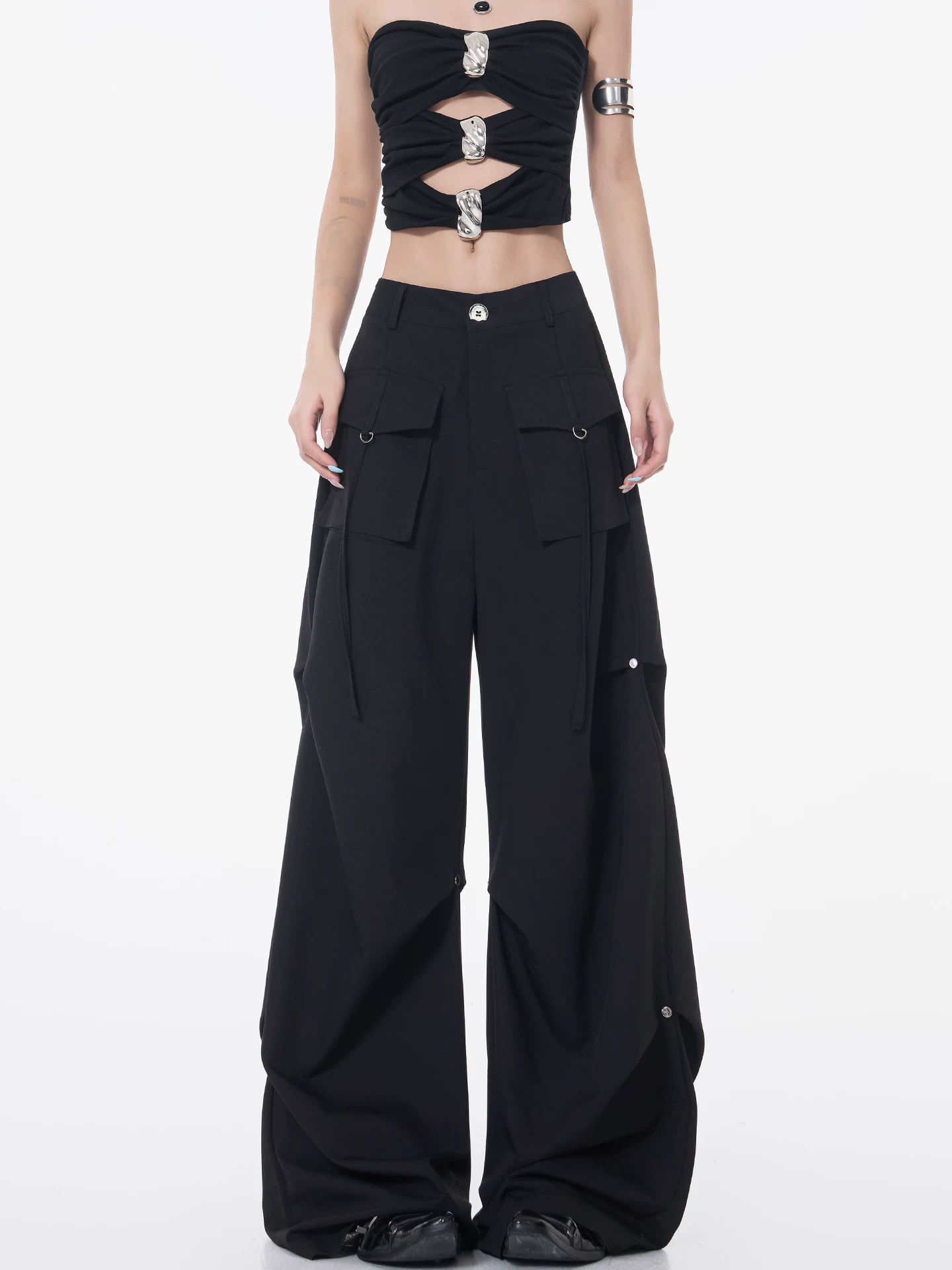 Quần cargo xếp ly màu đen phong cách đường phố KEN STUDIO dành cho nữ, quần dài dáng rộng lưng cao mới mùa hè