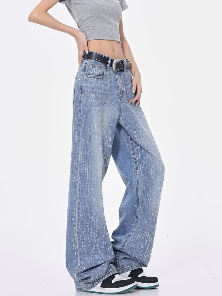 KEN STUDIO thiết kế đá nóng quần jean denim lấp lánh dành cho nữ, quần ống rộng dáng thẳng giảm béo mùa hè mới