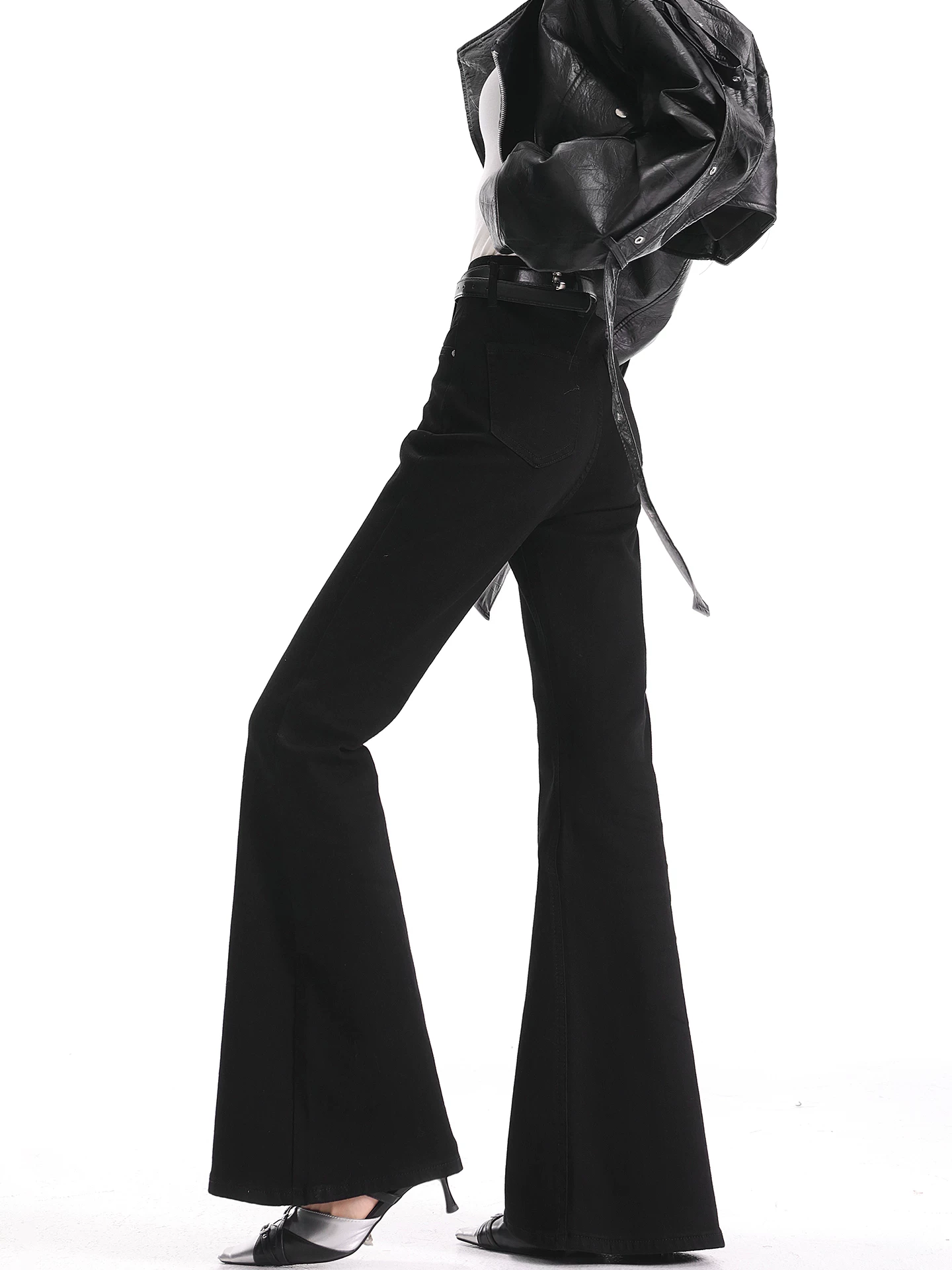 Quần jean bootcut màu đen cổ điển thu đông của KEN STUDIO dành cho nữ, quần ống loe cạp cao, co giãn, ôm sát, tôn dáng