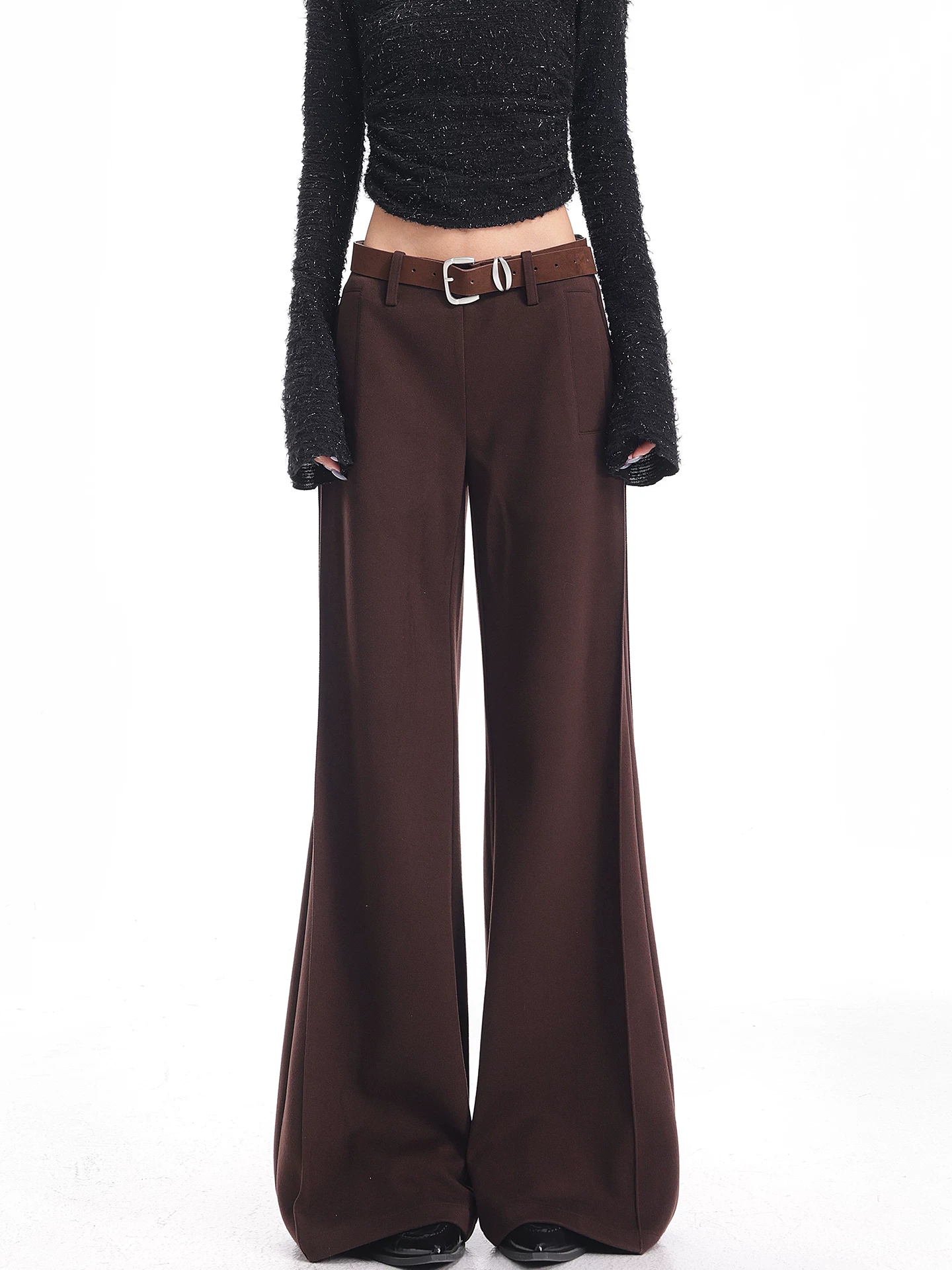 KEN STUDIO Quần âu ống loe màu cà phê thu đông mới dành cho nữ, chất liệu len dày, ôm dáng, quần ống rộng.