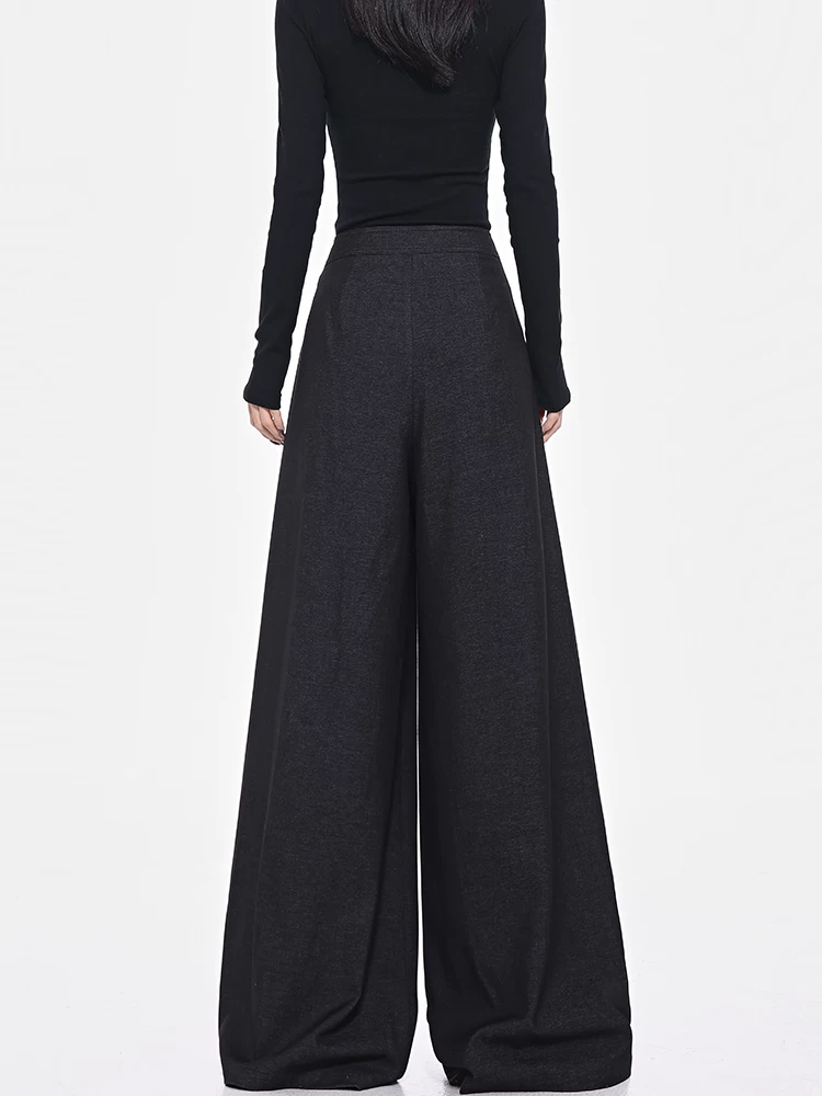 KEN STUDIO Quần tây ống rộng màu xám mùa thu mới dành cho nữ với thiết kế cúc chéo, đa năng, dáng rộng, dáng suông, quần dài đến sàn