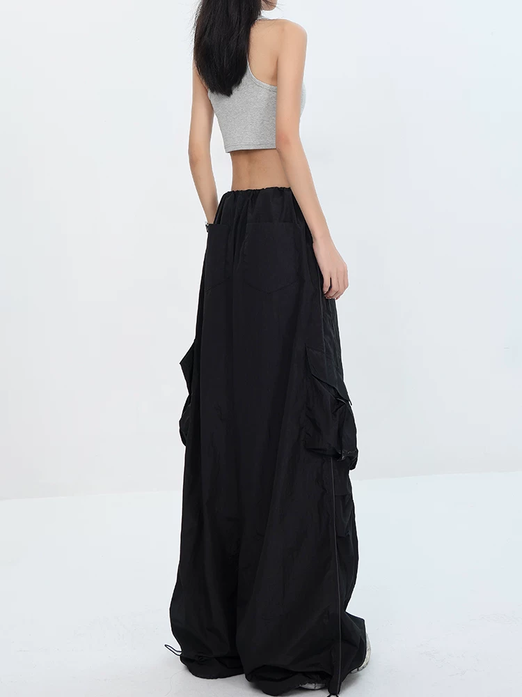 KEN STUDIO phong cách mới mùa hè phong cách đường phố Mỹ màu đen xếp ly dây rút thiết kế eo co giãn quần ống đứng