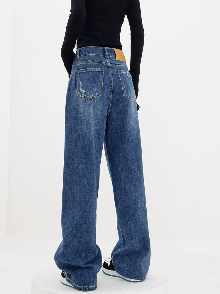 Quần jean ống đứng lưng cao màu xanh KEN STUDIO dành cho nữ, mùa thu đông, lót lông cừu, dáng rộng, giúp chân trông dài hơn, thon gọn hơn và cao hơn.