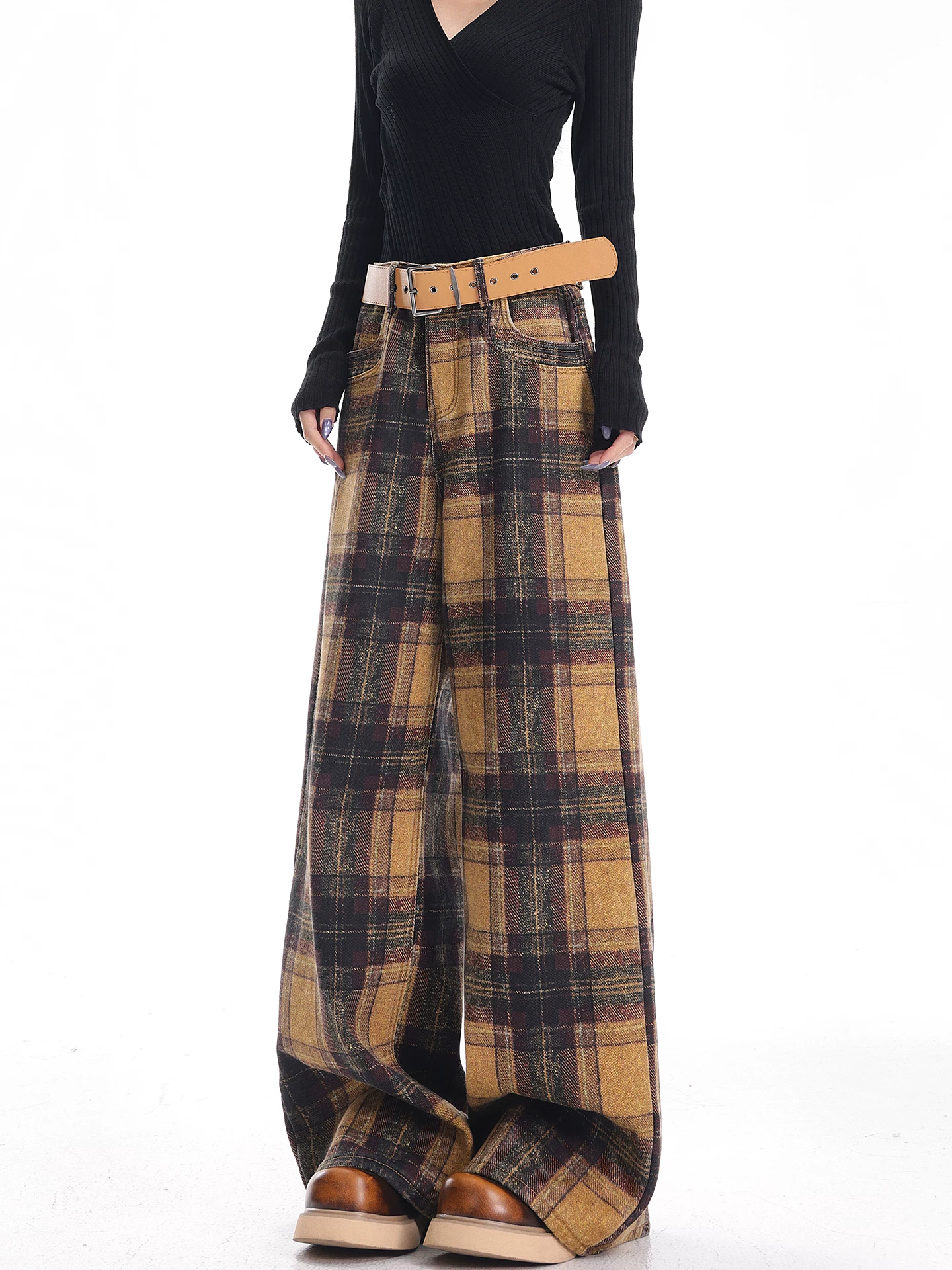 KEN STUDIO quần jean kẻ sọc lót lông màu vàng mới mùa thu đông dành cho nữ, quần ống rộng đa năng theo phong cách retro Mỹ