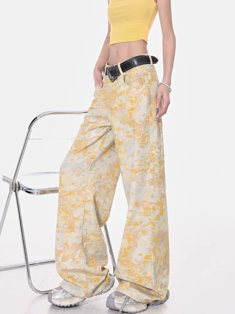 KEN STUDIO mùa hè mới quần jean in họa tiết tie-dye cổ điển dành cho nữ, quần ống rộng dài đến sàn dáng rộng giúp giảm béo