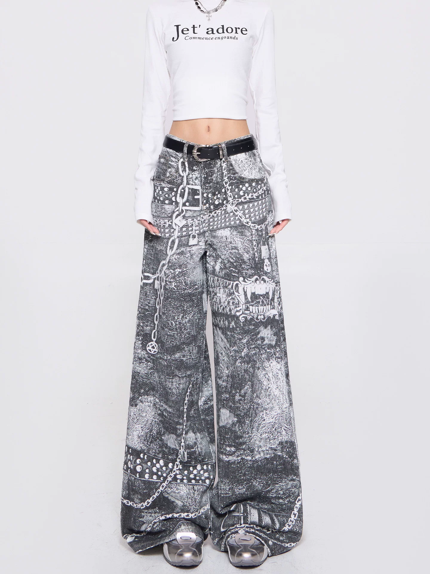 Quần jean ống rộng in kỹ thuật số đường phố cao cấp của KEN STUDIO dành cho nữ, quần dài dáng rộng lưng cao mới mùa xuân thu giúp giảm béo