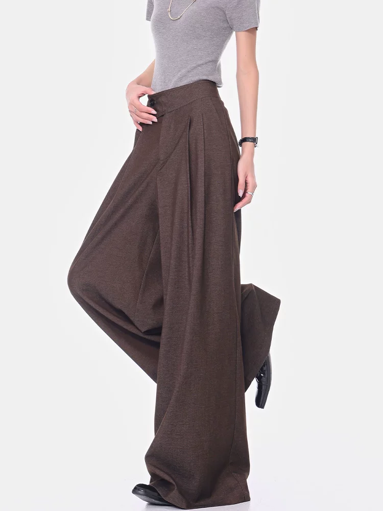 KEN STUDIO Xuân Thu Quần dài ống rộng màu cà phê mới dành cho nữ Quần dài ống rộng lưng cao đa năng Quần dài ống rộng dài đến sàn