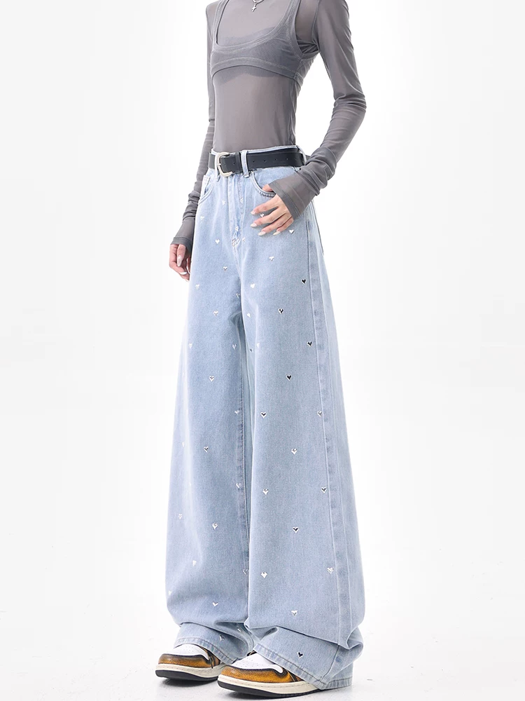 KEN STUDIO quần jean ống rộng màu xanh lam cổ điển dành cho nữ mùa hè và mùa thu quần ống rộng dáng rộng thông thường