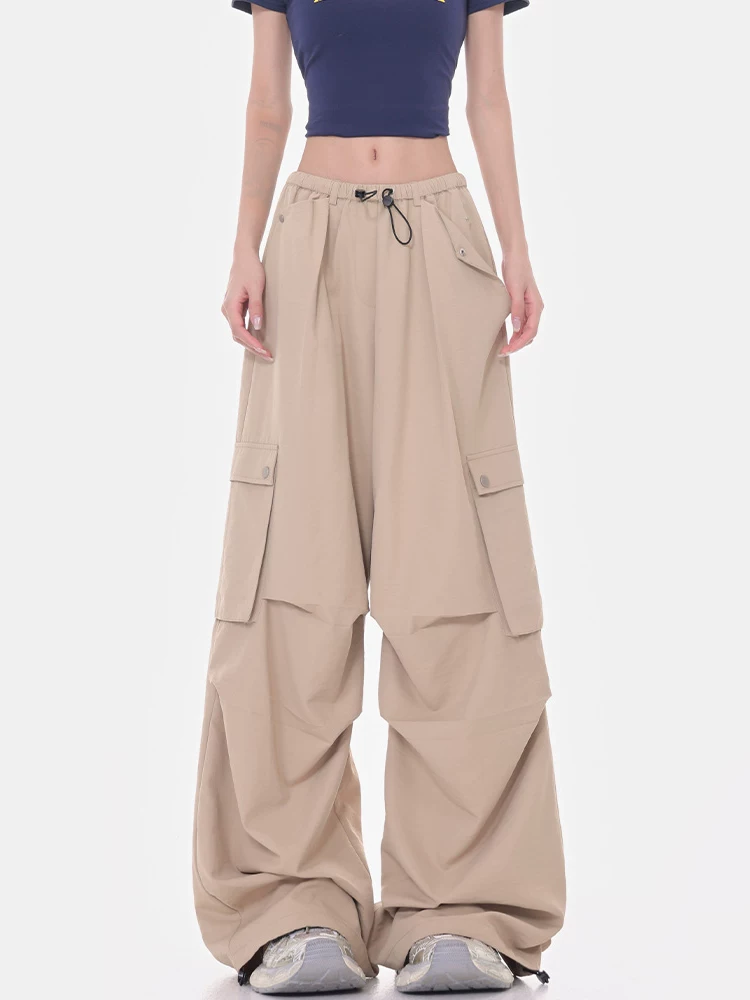 KEN STUDIO mùa hè mới quần cargo ống rộng xếp ly theo phong cách retro Mỹ dành cho nữ, quần jogger ống thẳng dài đến sàn kiểu lính dù