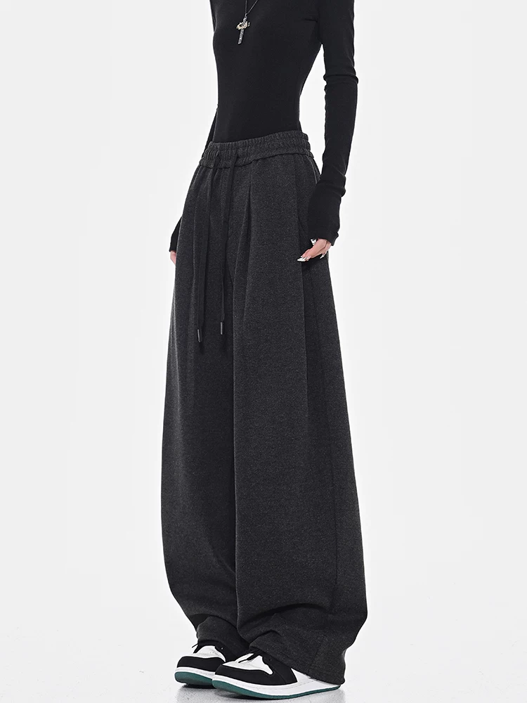 KEN STUDIO quần dài ống đứng có dây rút dày màu đen mùa thu đông dành cho nữ, quần thể thao dáng rộng, quần thể thao