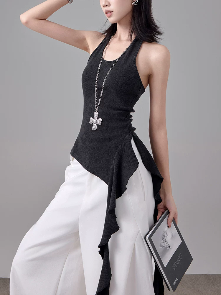 Áo camisole nữ mùa hè kiểu dáng ôm sát, chất liệu len đan, thiết kế dây halter, lưng trần, phối nơ, thương hiệu KEN STUDIO