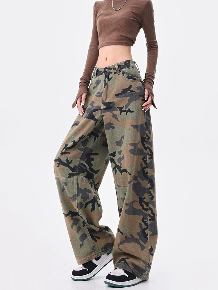 KEN STUDIO mùa hè và mùa thu mới của Mỹ quần jean ngụy trang cổ điển lưng cao dáng rộng quần ống rộng quần ống rộng quần scimitar