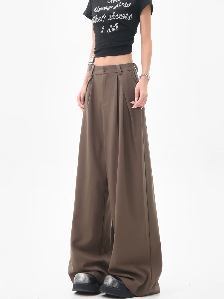 KEN STUDIO Quần âu ống rộng màu cà phê Melard dành cho nữ, phong cách mùa hè mới, quần xếp ly dáng rộng và xếp ly thông thường