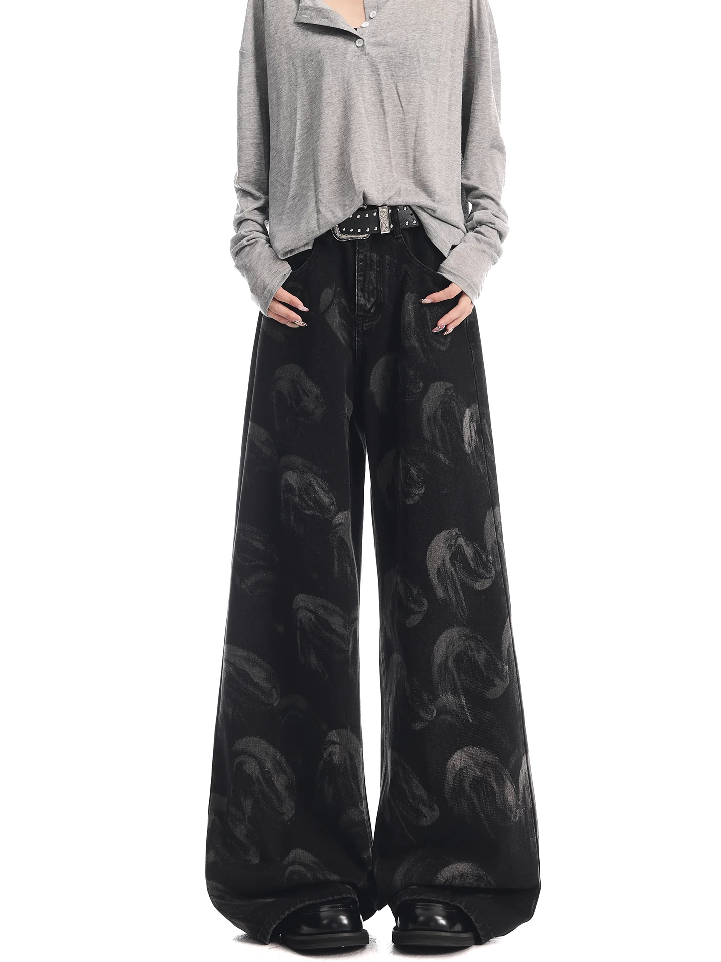 KEN STUDIO quần jean in họa tiết cổ điển mới của Mỹ mùa thu đông dành cho nữ, quần ống rộng cạp cao, quần dài đến sàn