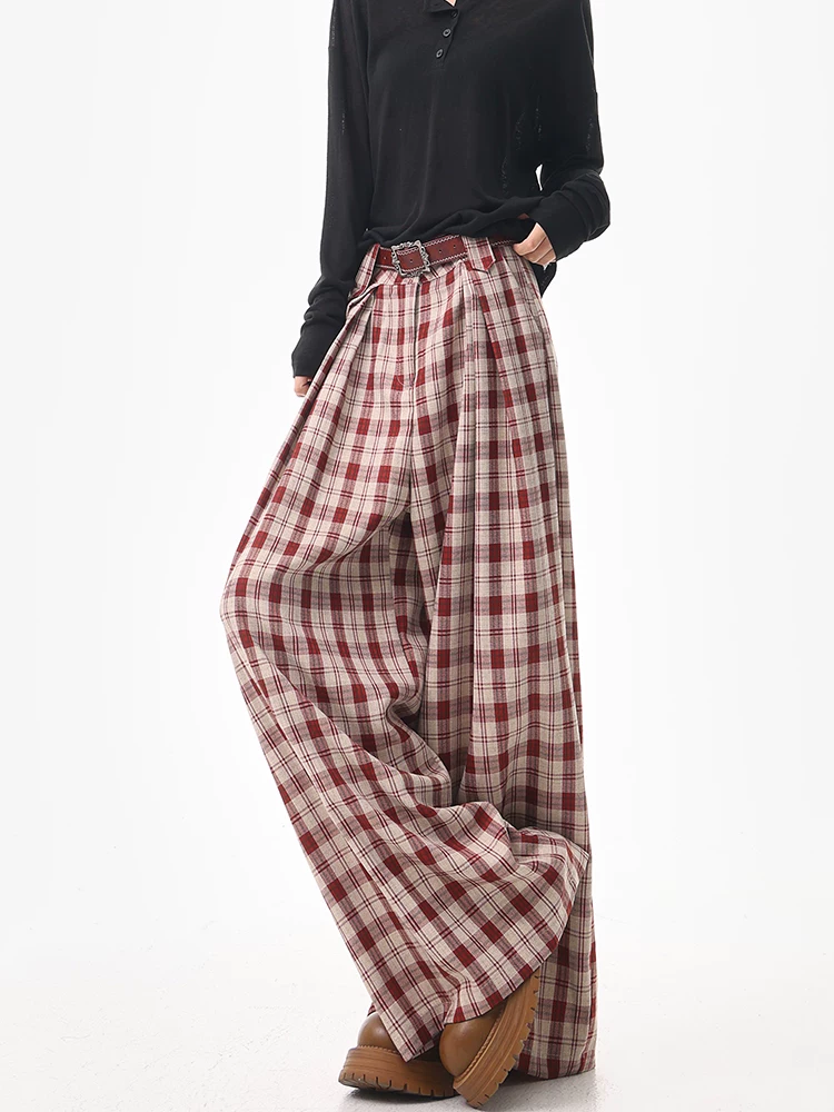 KEN STUDIO quần âu kẻ sọc đỏ cổ điển kiểu Mỹ dành cho nữ, thiết kế mùa hè và mùa thu, quần âu ống rộng lưng cao dáng thẳng