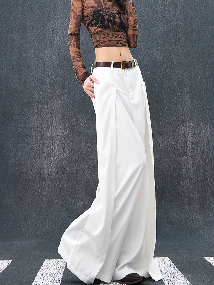 KEN STUDIO thiết kế mới mùa hè và mùa thu quần âu ống rộng màu trắng dành cho nữ, quần cạp cao, thon gọn, mềm mại, quần dài đến sàn