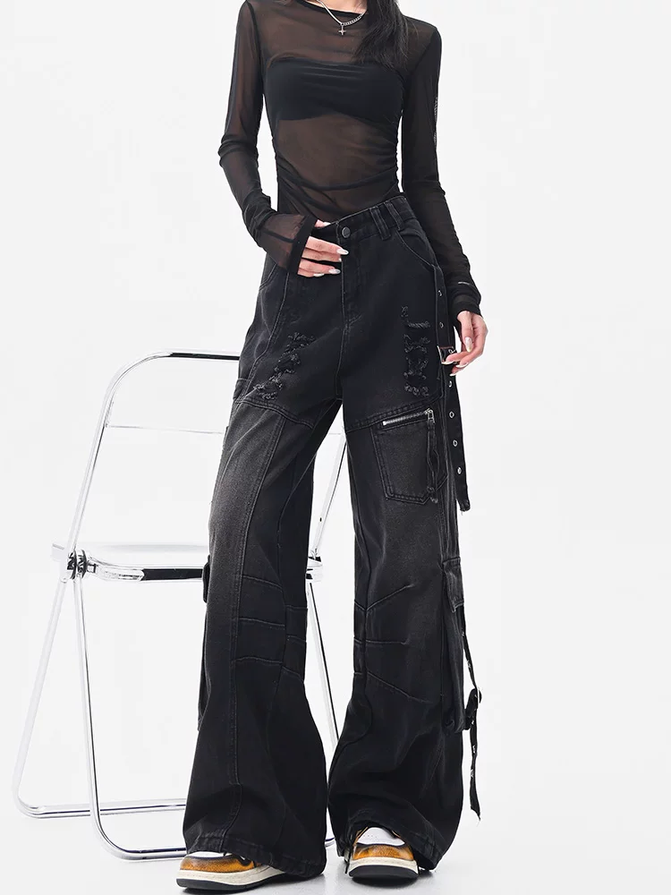 KEN STUDIO Quần jean công sở rách kiểu Mỹ, thiết kế hợp thời trang, quần ống rộng dáng rộng dành cho nữ