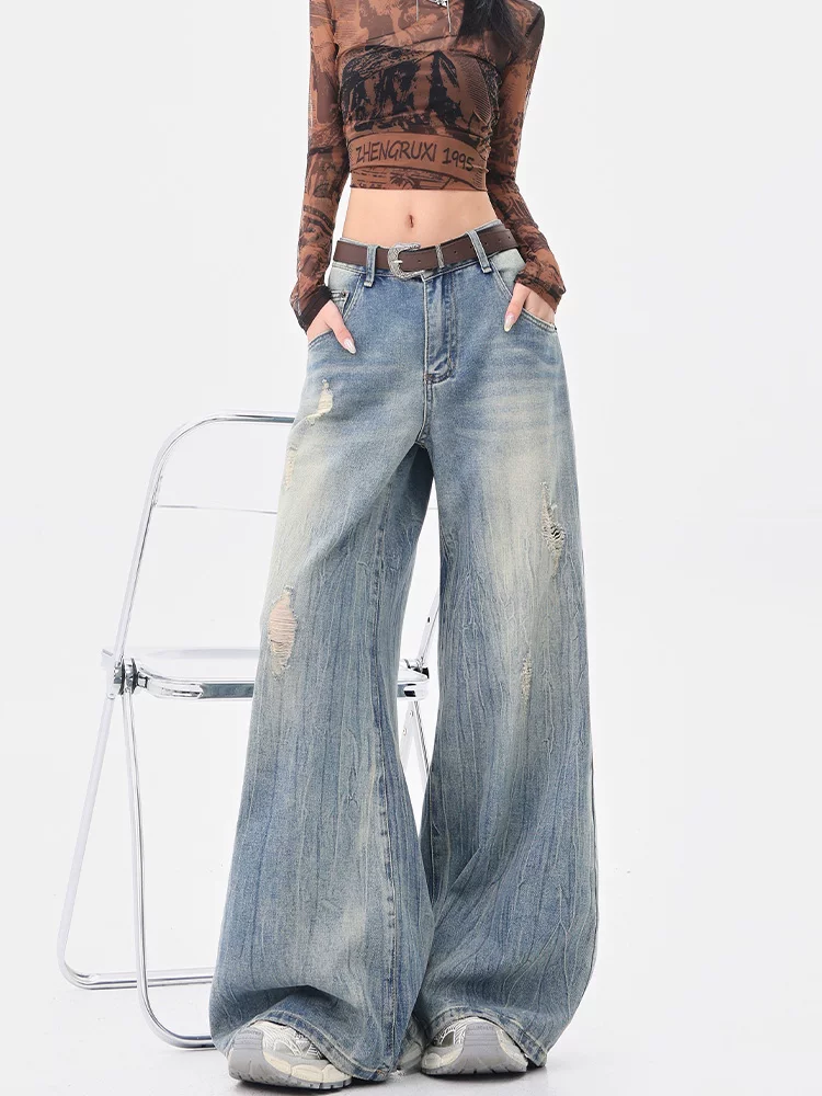 KEN STUDIO đầu mùa thu quần jean ống rộng rách kiểu Mỹ cổ điển mới dành cho nữ, quần ống đứng dáng suông giản dị