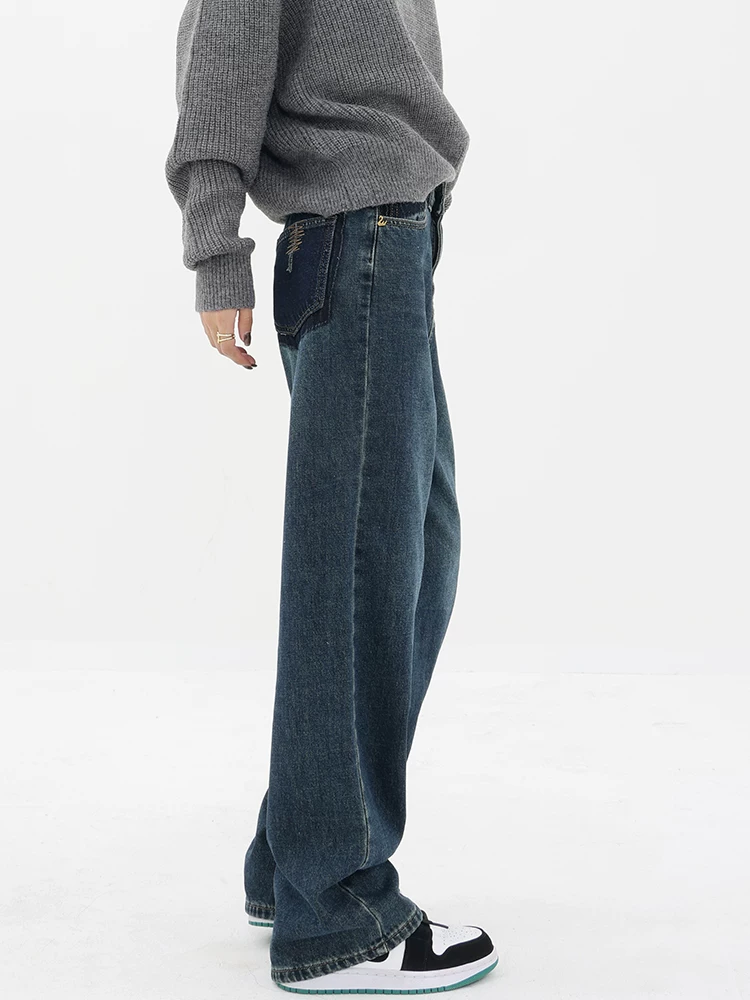 Quần jean cổ điển lót lông cừu mùa thu đông của KEN STUDIO dành cho nữ, quần ống đứng cạp cao kiểu cổ điển có màu chuyển sắc.