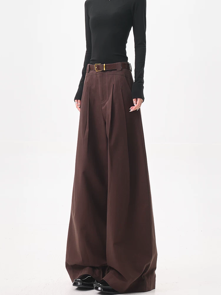 KEN STUDIO Quần tây ống rộng màu nâu Melard mùa hè và mùa thu mới dành cho nữ, quần cạp cao, dáng rộng và xếp nếp, quần thường ngày