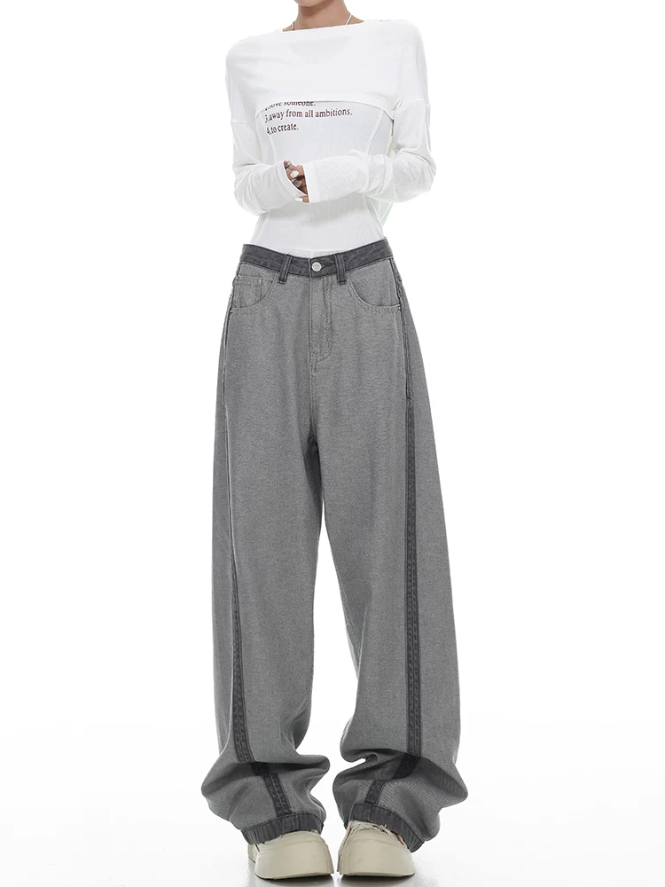 KEN STUDIO Quần jean chắp vá màu sắc cổ điển kiểu Mỹ mới dành cho nữ, quần ống rộng dáng rộng, dáng dài, dáng rộng, giúp giảm béo