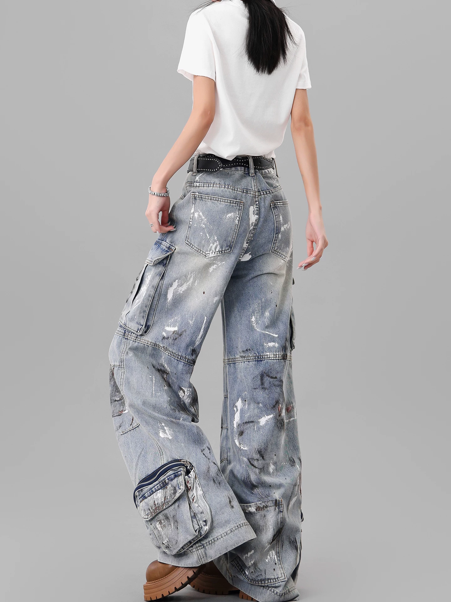 Quần jean công sở thiết kế nhiều túi sơn kiểu cổ điển của KEN STUDIO dành cho nữ, quần ống rộng lưng cao mùa hè