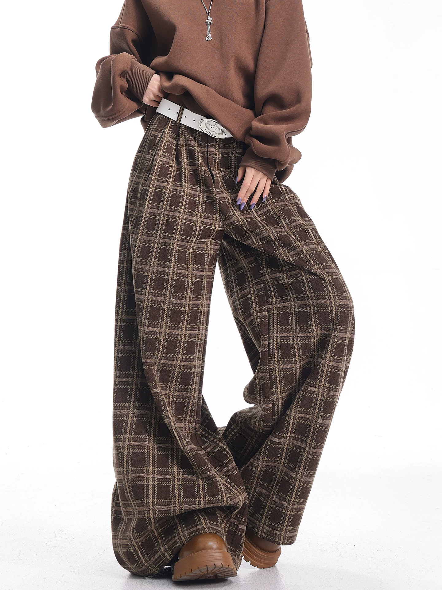 KEN STUDIO Quần thường ngày kẻ sọc dày màu cà phê mùa thu đông mới dành cho nữ, quần ống rộng dài đến sàn dáng rộng giúp giảm béo