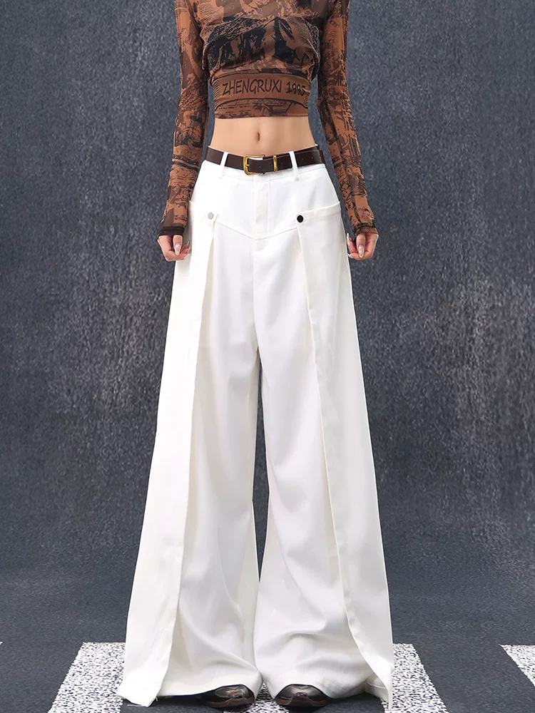 KEN STUDIO thiết kế mới mùa hè và mùa thu quần âu ống rộng màu trắng dành cho nữ, quần cạp cao, thon gọn, mềm mại, quần dài đến sàn