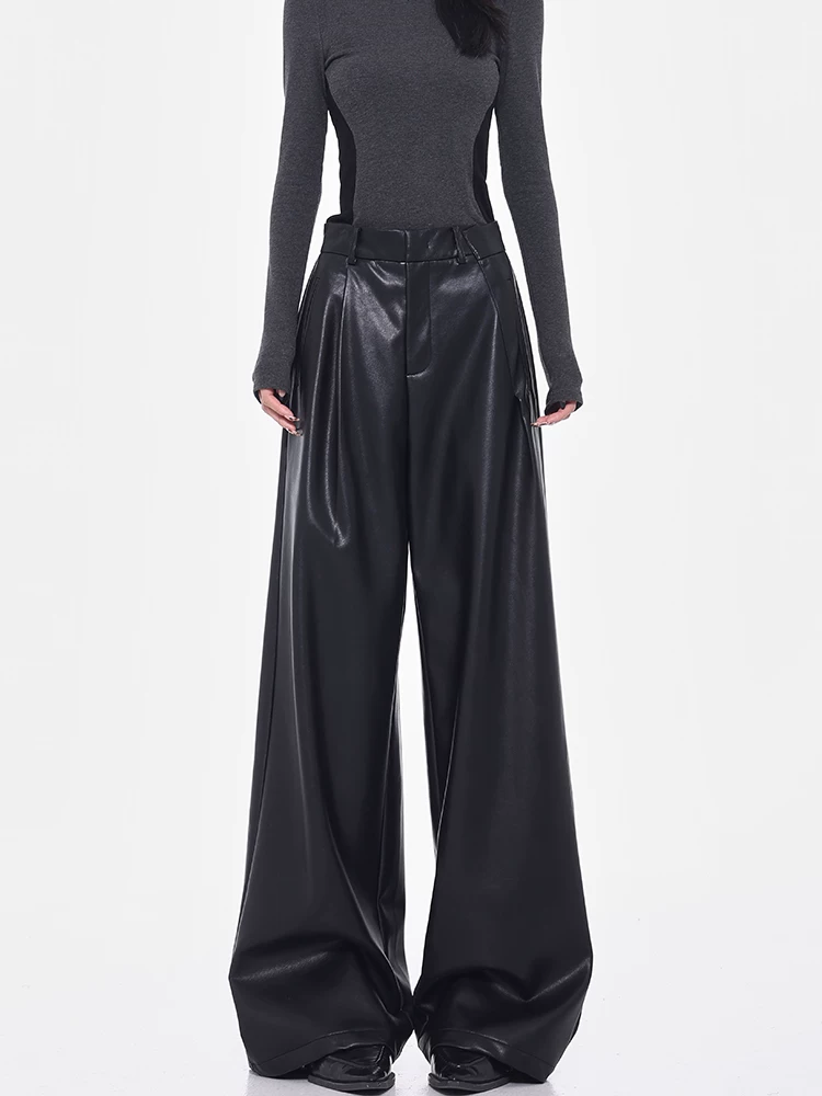 [Bee Happy Club] KEN STUDIO Quần da PU cổ điển dày dặn mùa thu đông Quần ống rộng dáng rộng cạp cao