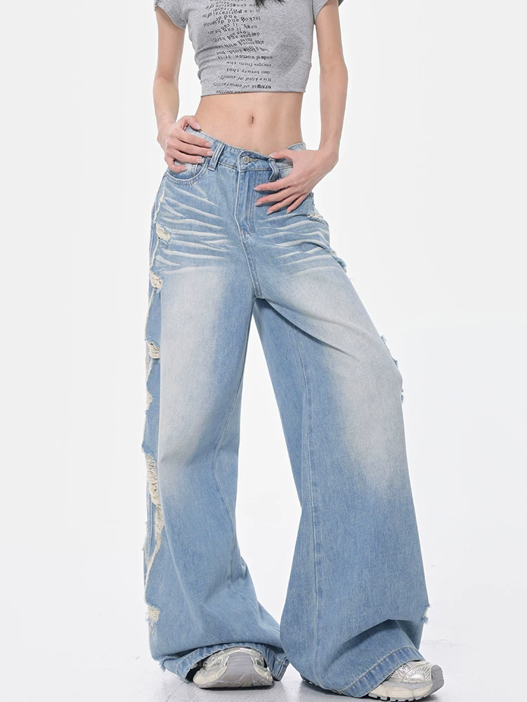 KEN STUDIO Xuân Thu Quần jean ống rộng màu xanh nhạt cổ điển mới dành cho nữ với thiết kế rách Quần ống đứng kiểu dáng đơn giản