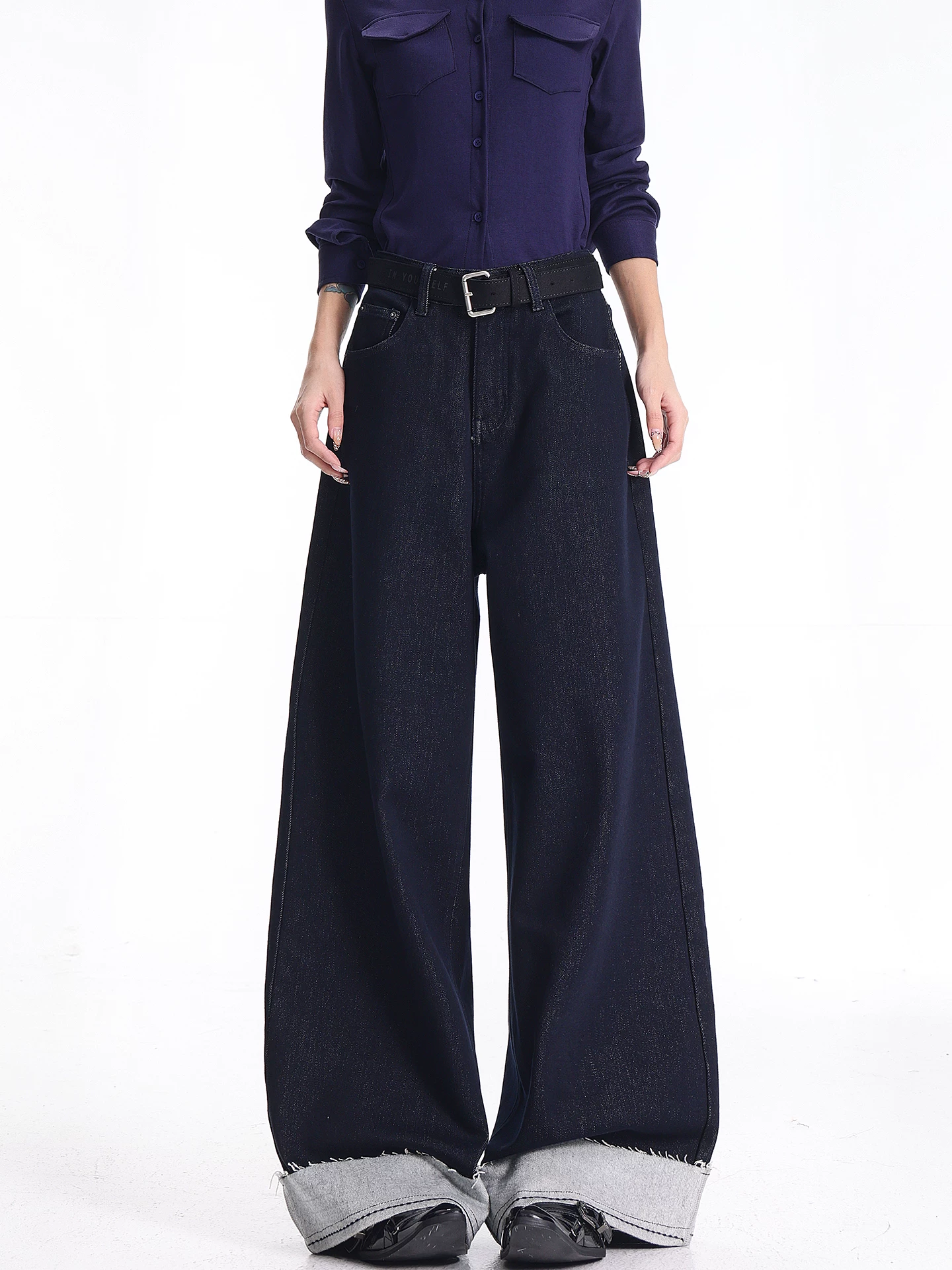 KEN STUDIO quần jean cổ điển có lót lông cừu phong cách mới mùa thu đông dành cho nữ, quần ống rộng lưng cao dáng thẳng