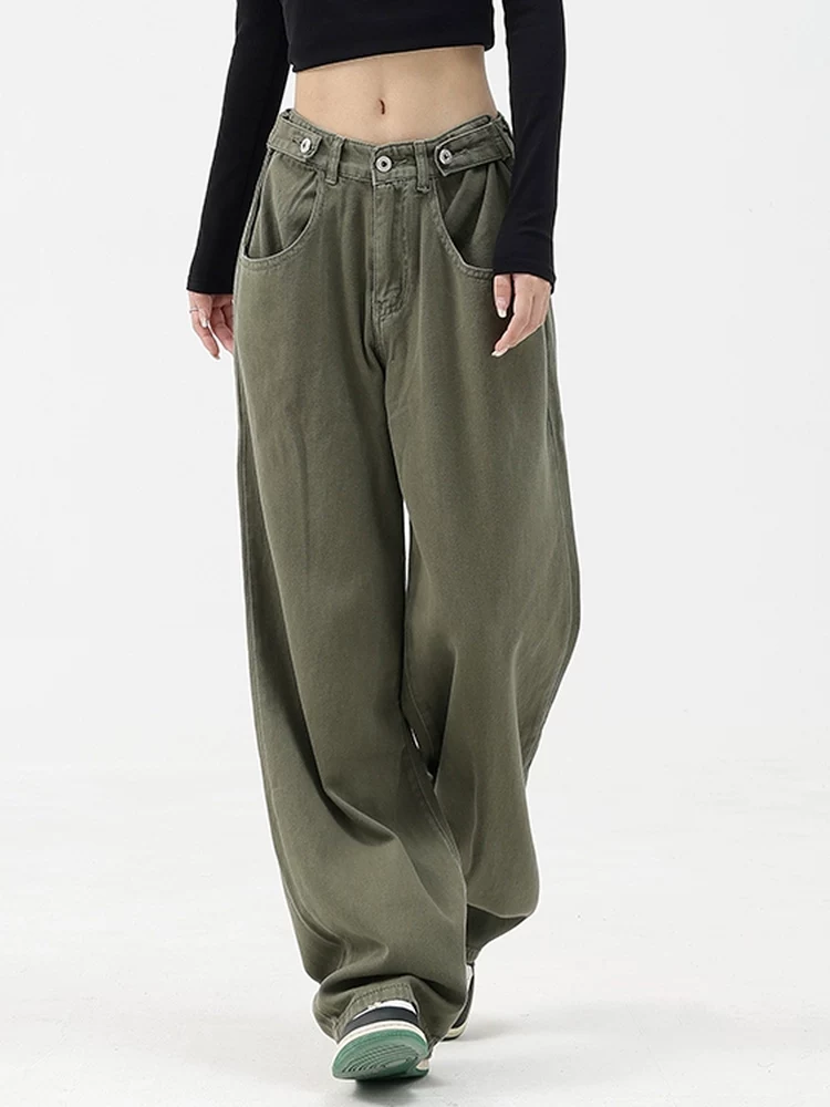 KEN STUDIO Quần jean ống đứng lưng cao màu xanh lá cây mùa xuân và mùa thu dành cho nữ, quần ống rộng lưng cao và lưng thấp có thể điều chỉnh.