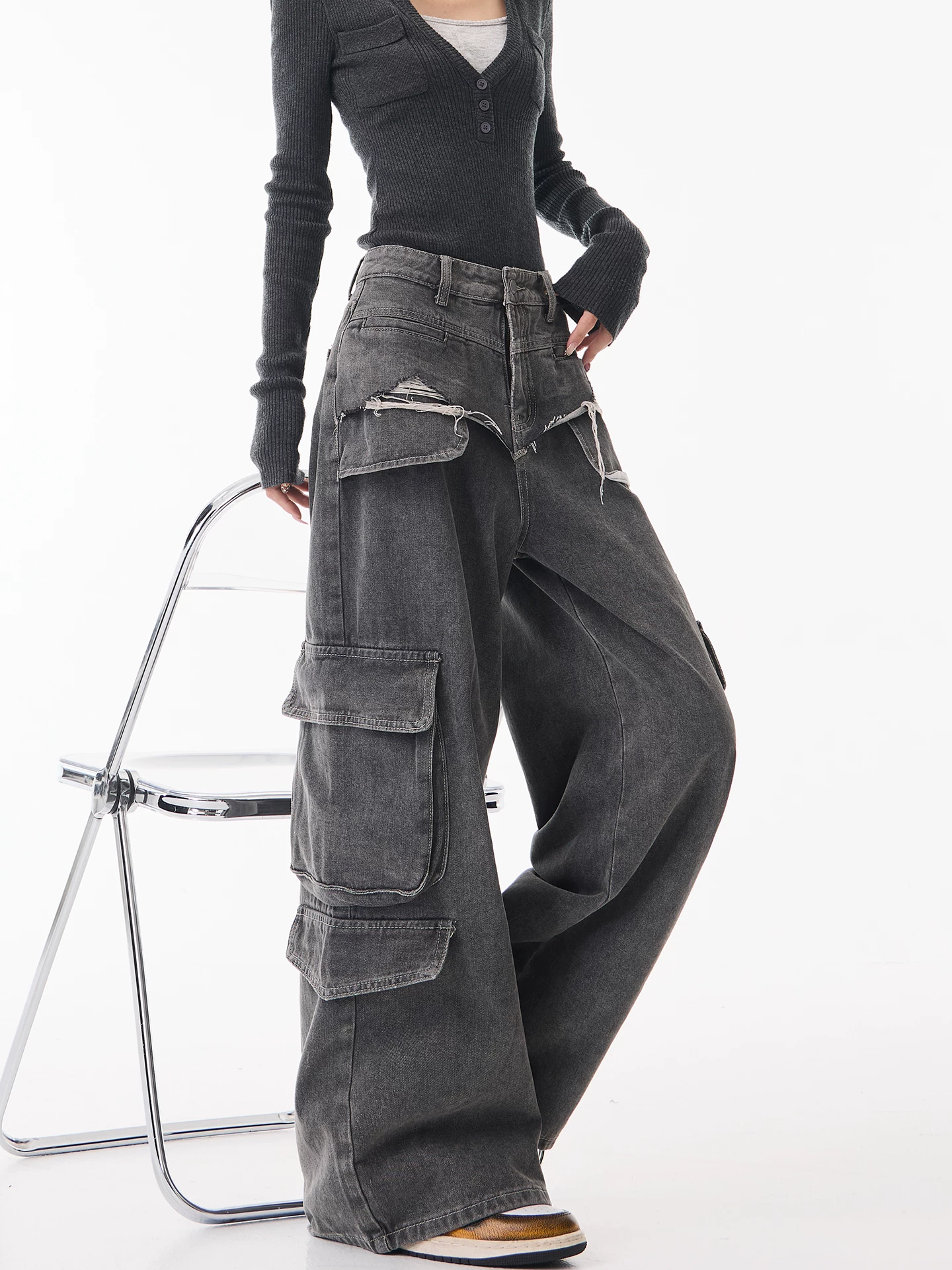 Quần jean công sở màu đen thiết kế cổ điển của KEN STUDIO dành cho nữ, quần ống rộng thẳng lưng cao mới mùa xuân thu