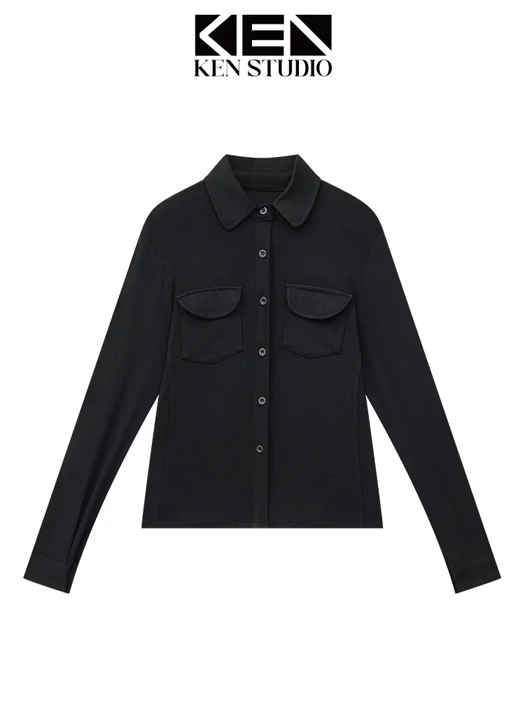 KEN STUDIO Áo sơ mi dài tay màu đen mới mùa xuân thu dành cho nữ, cổ bẻ đơn giản, dáng rộng, giảm béo, áo sơ mi đa năng