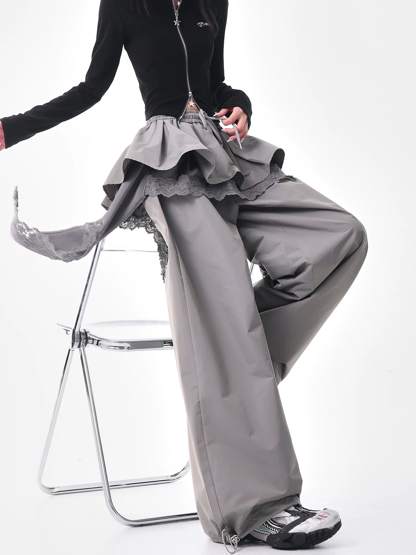 KEN STUDIO đầu mùa thu quần ống rộng giả hai mảnh màu xám mới dành cho nữ với thiết kế viền ren quần ống thẳng