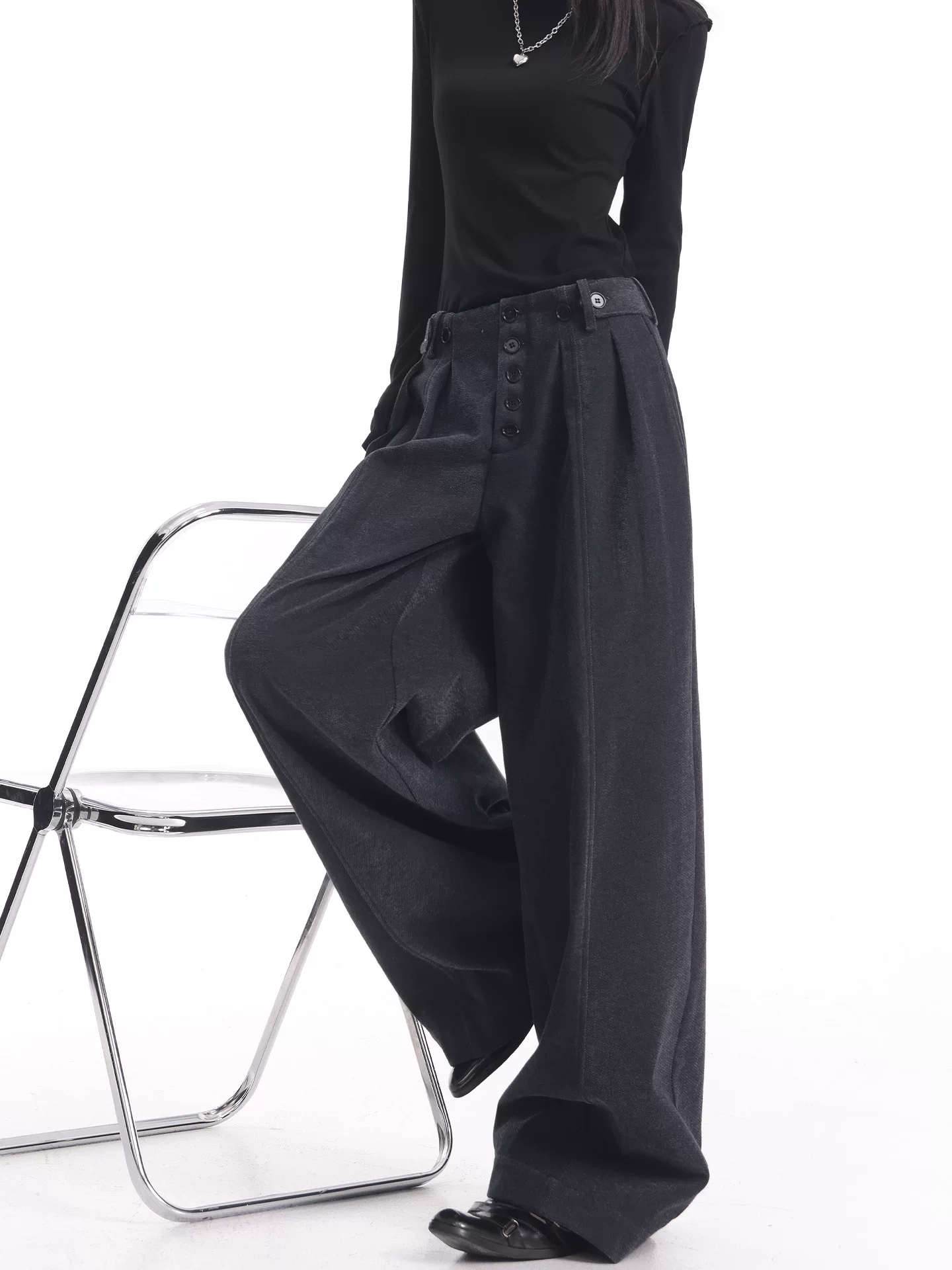 KEN STUDIO Quần thường ngày dày dặn có lót lông cừu màu xám hoa mùa thu đông mới dành cho nữ với thiết kế nhiều khuy quần ống rộng